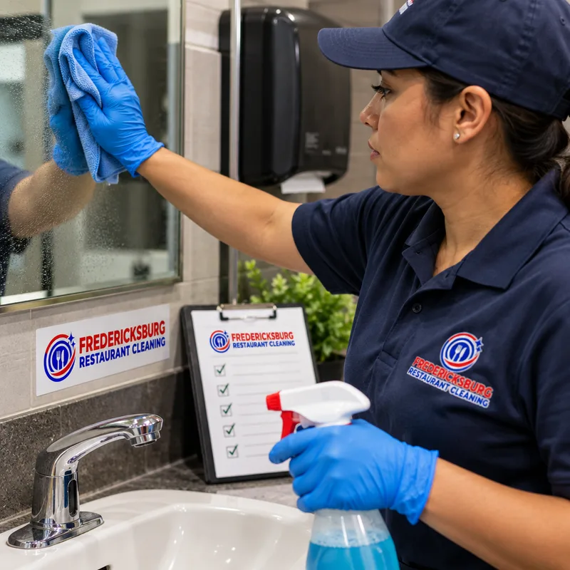 Close-up of gloved hands disinfecting restroom fixtures and wiping mirrors, with a checklist clipboard visible in the background.