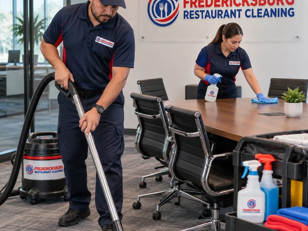 A cleaner vacuuming carpet tiles and wiping a conference table in a modern office suite, with cleaning caddy and labeled disinfectant bottles visible.