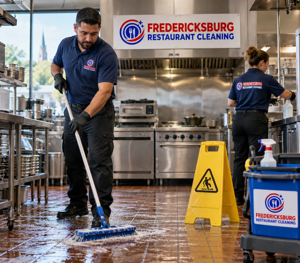 Professional restaurant cleaners mopping and degreasing a commercial kitchen floor with wet floor signage, stainless prep tables, and food-safe tools visible.