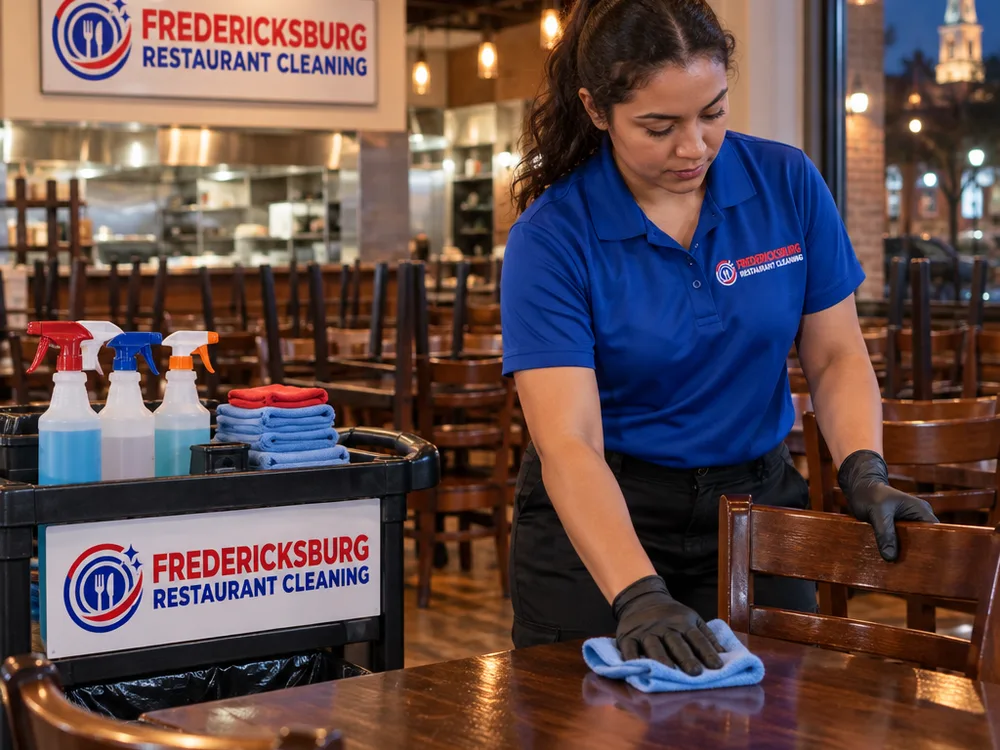 Cleaner wiping and sanitizing dining room tables and chair backs after closing, with a clean microfiber kit and labeled spray bottles staged on a cart.