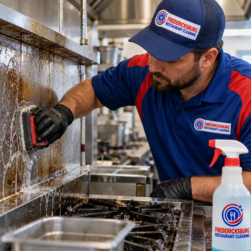Technician wearing gloves degreasing and hand-scrubbing a soiled backsplash and stainless-steel commercial cook line.