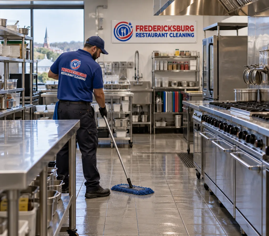 Wide view of a spotless commercial restaurant kitchen with clean prep tables, range, hood exterior, tile floor, and organized workstations.