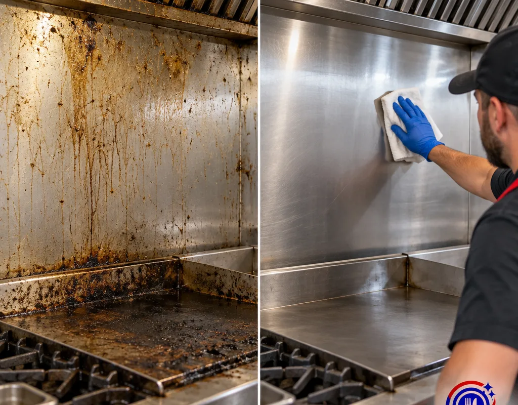 Before-and-after comparison of a greasy cook-line splash zone and the same area after degreasing and wipe-down.