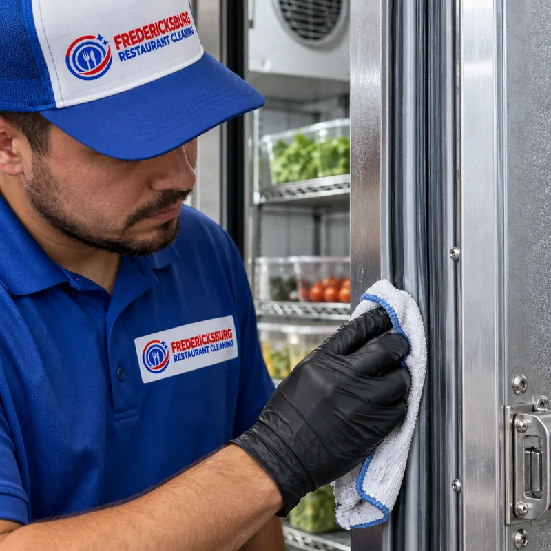 Close-up of a cleaned walk-in cooler door gasket and track with grime removed from contact surfaces.