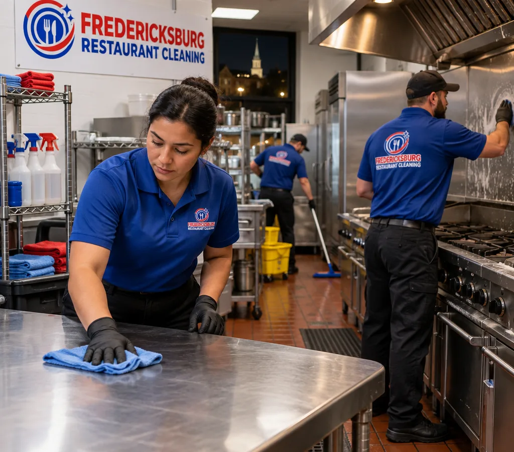 A Fredericksburg restaurant kitchen during an after-hours deep clean, with technicians wiping stainless prep tables and degreasing the cook line.