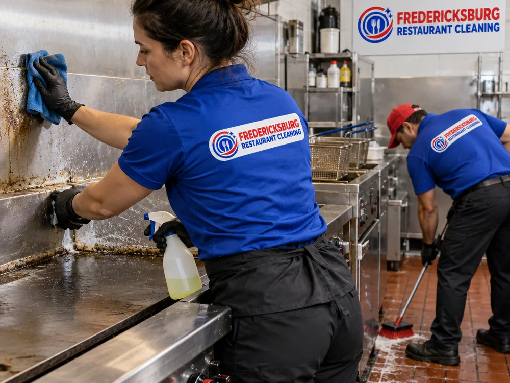 A technician detailing greasy buildup along a stainless cook line while another technician scrubs floor edges near the fryer zone.
