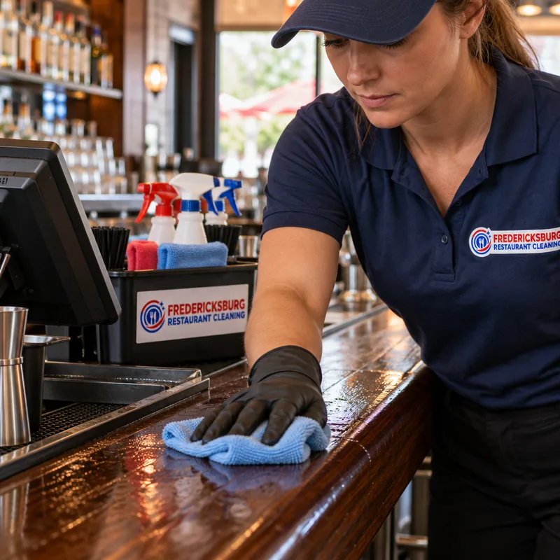 Cleaner detailing a restaurant bar rail and removing sticky residue near a POS area, with sanitized cloths and a food-service cleaning caddy.