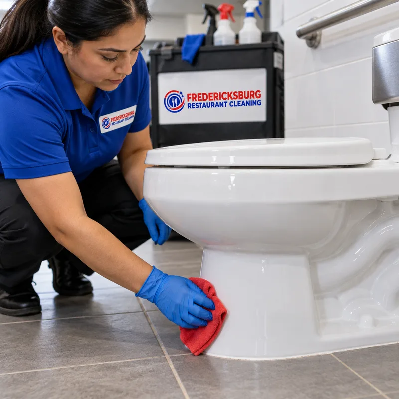 Clean toilet exterior, base area, and grout line without splash marks.