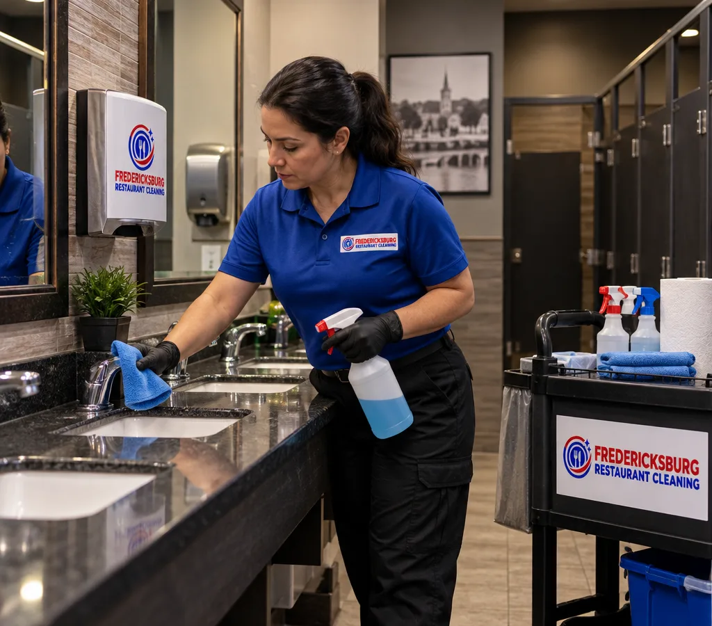 Janitorial technician disinfecting restaurant restroom sinks and touchpoints after hours with supplies staged neatly.