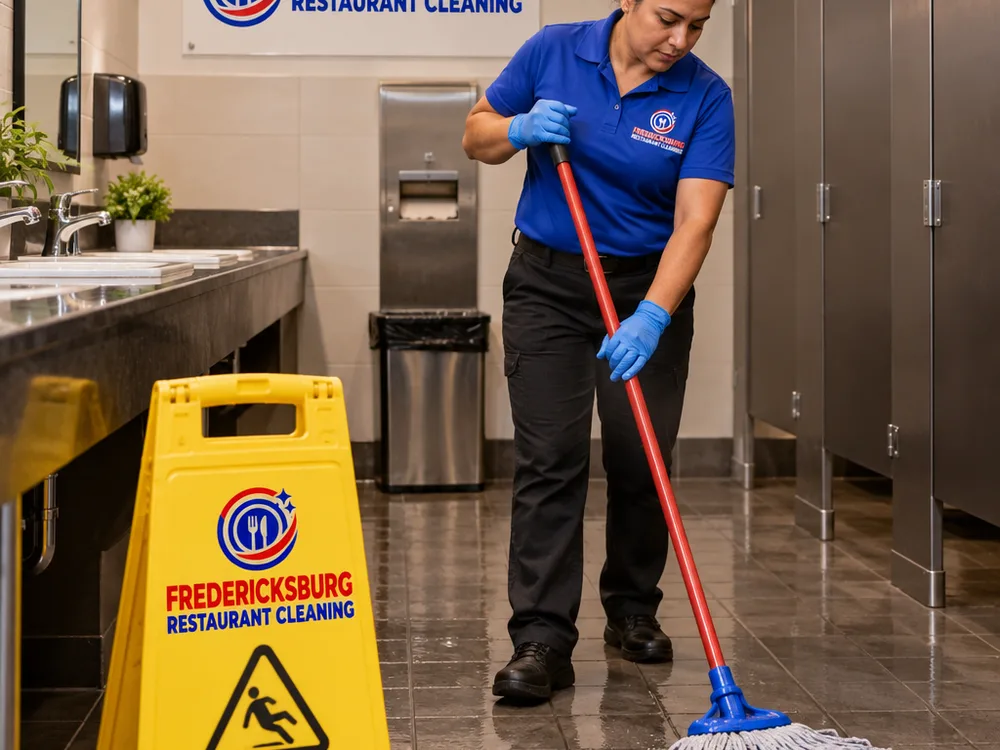 Gloved janitorial worker placing wet-floor signage and mopping a restaurant restroom after closing.