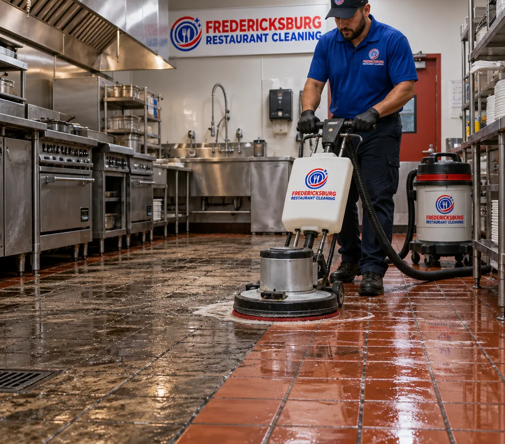 After-hours restaurant kitchen with a technician cleaning a quarry tile floor using a rotary scrubber and wet vac