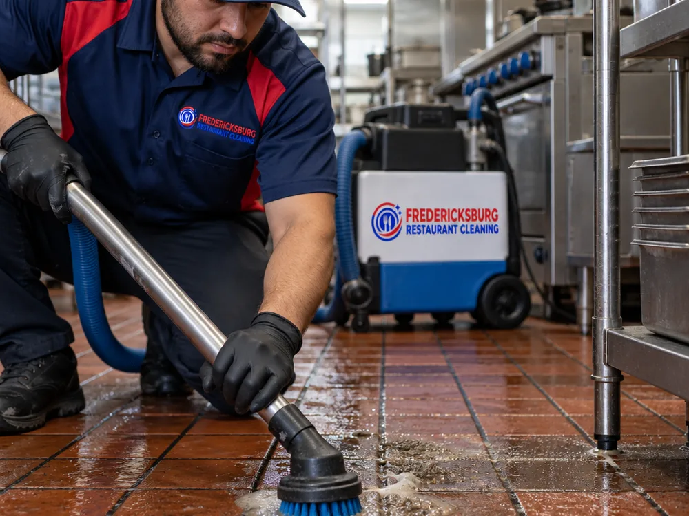 Technician cleaning dark quarry tile grout lines and extracting emulsified grease