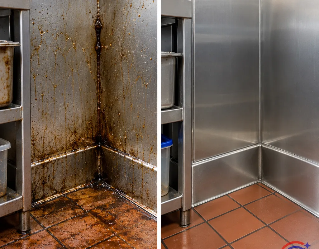 Before-and-after comparison of a greasy prep-wall corner and baseboard after degreasing and detailing