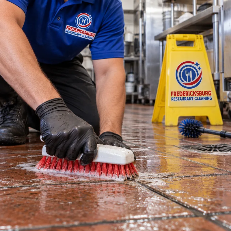 Technician scrubbing a greasy commercial-kitchen grout line with a deck brush beside a wet-floor sign and separate drain brush