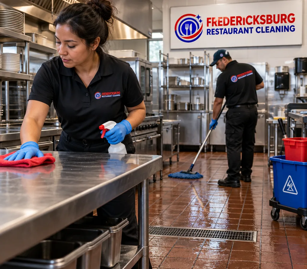 After-hours commercial kitchen with one cleaner detailing stainless prep tables and another wet-mopping tile floors using color-coded tools