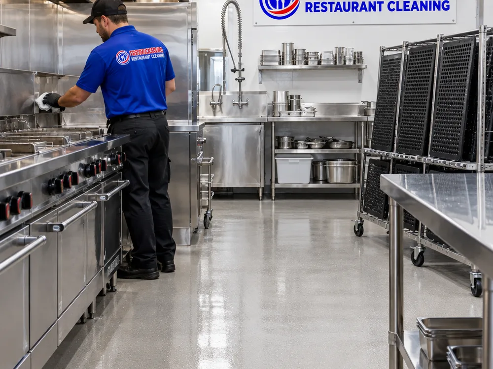 Clean commercial kitchen line with reflective stainless surfaces, drying mats, and detailed cove base