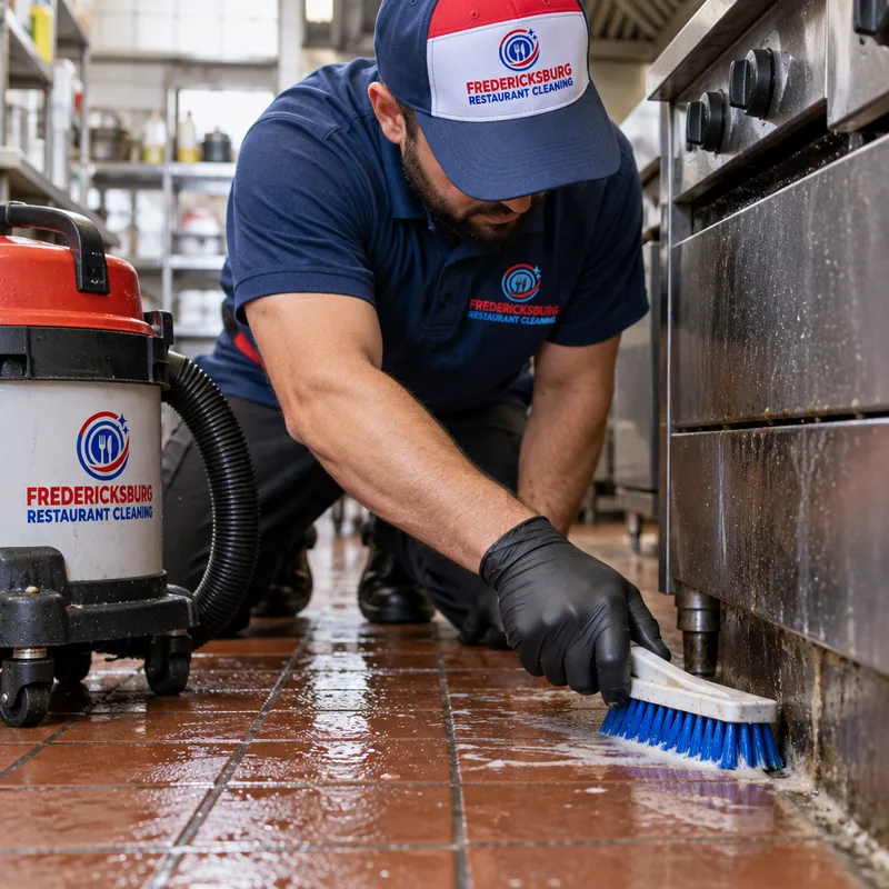 Technician hand-scrubbing greasy grout lines and floor edges near a commercial kitchen cook line.