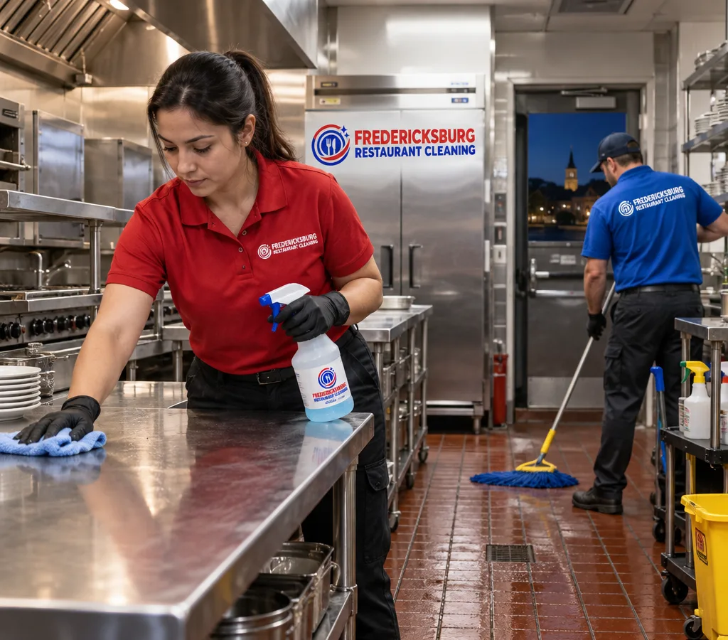 After-hours cleaning team wiping stainless prep tables and mopping quarry tile floors in a commercial restaurant kitchen.