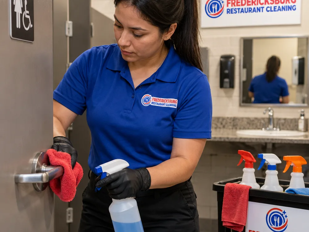 Cleaner disinfecting restroom door handles, stall locks, and faucet handles with color-coded microfiber cloths.
