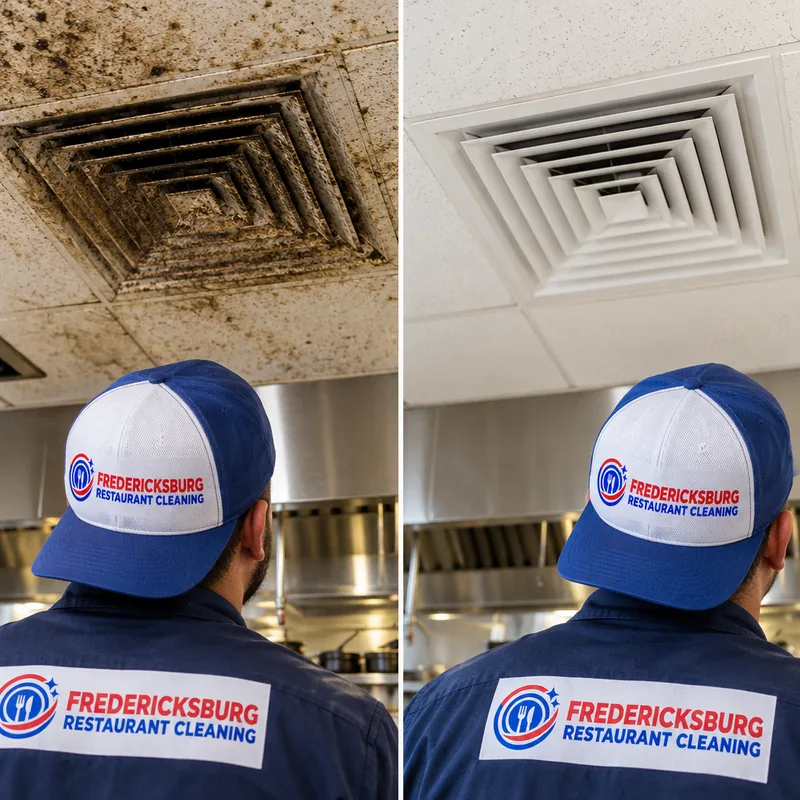 Before-and-after comparison showing dark dust and grease haze removed from a supply vent and surrounding ceiling area.