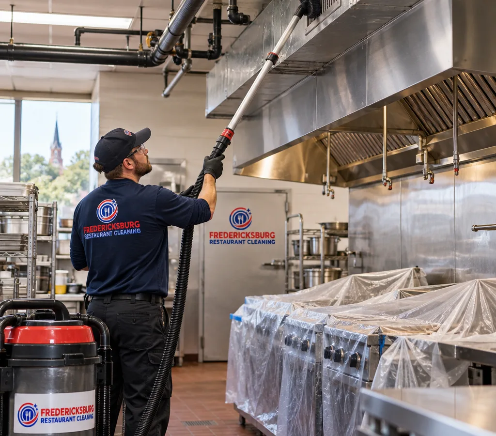Technician using an extension pole and HEPA vacuum to clean overhead pipes, ceiling corners, and vents above a protected commercial kitchen cook line.