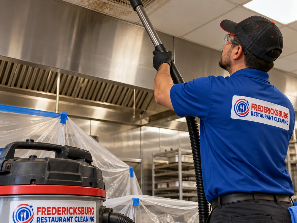 HEPA vacuum extension wand cleaning a greasy commercial kitchen ceiling vent above prep tables protected with drop cloths and taped plastic barriers.