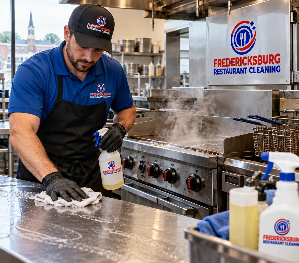 Commercial kitchen technician cleaning a stainless steel prep line, griddle, fryer front, and control knobs with steam and degreaser bottles nearby.