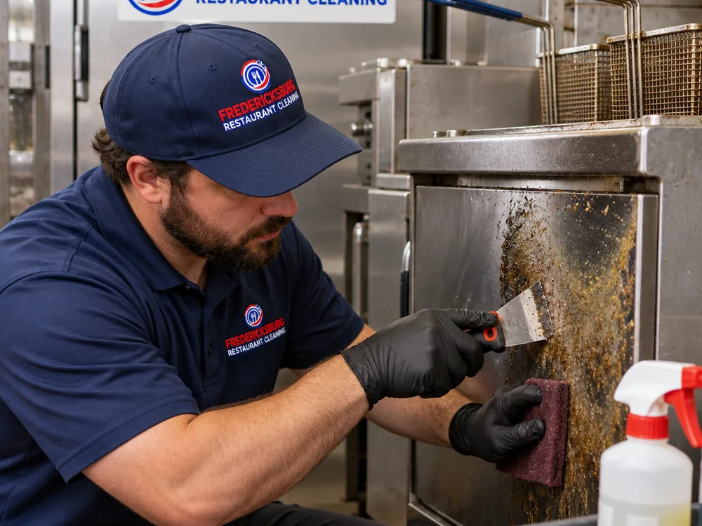 Technician detailing the side of a commercial fryer and adjacent stainless panel with a handheld scraper and non-scratch pad.