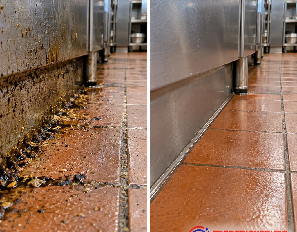 Before-and-after view of a commercial kitchen floor edge and baseboard with a grease line and debris removed.