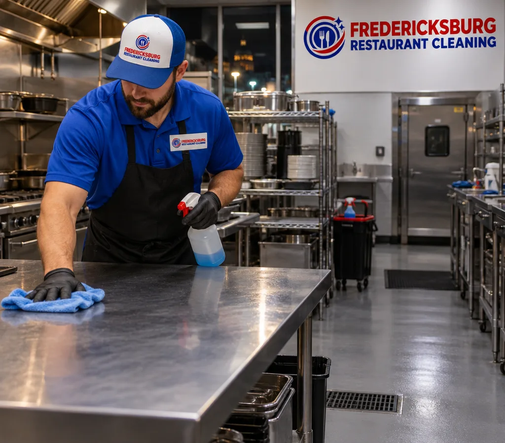 Night-time commercial kitchen cleaning in a Dumfries-area restaurant, with a technician wiping stainless prep tables beside clean floors and organized equipment.