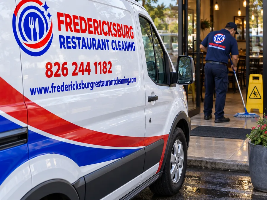 Technician vacuuming and wiping the tops of wall-mounted shelving and a walk-in cooler door frame in a restaurant back-of-house corridor.