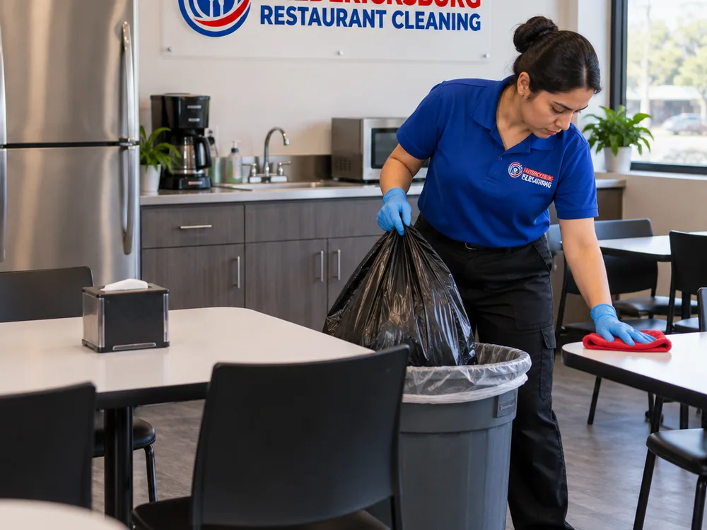 Restaurant prep area after deep cleaning, with scrubbed floor edges, wiped baseboards, clean cart wheels, and organized stations.